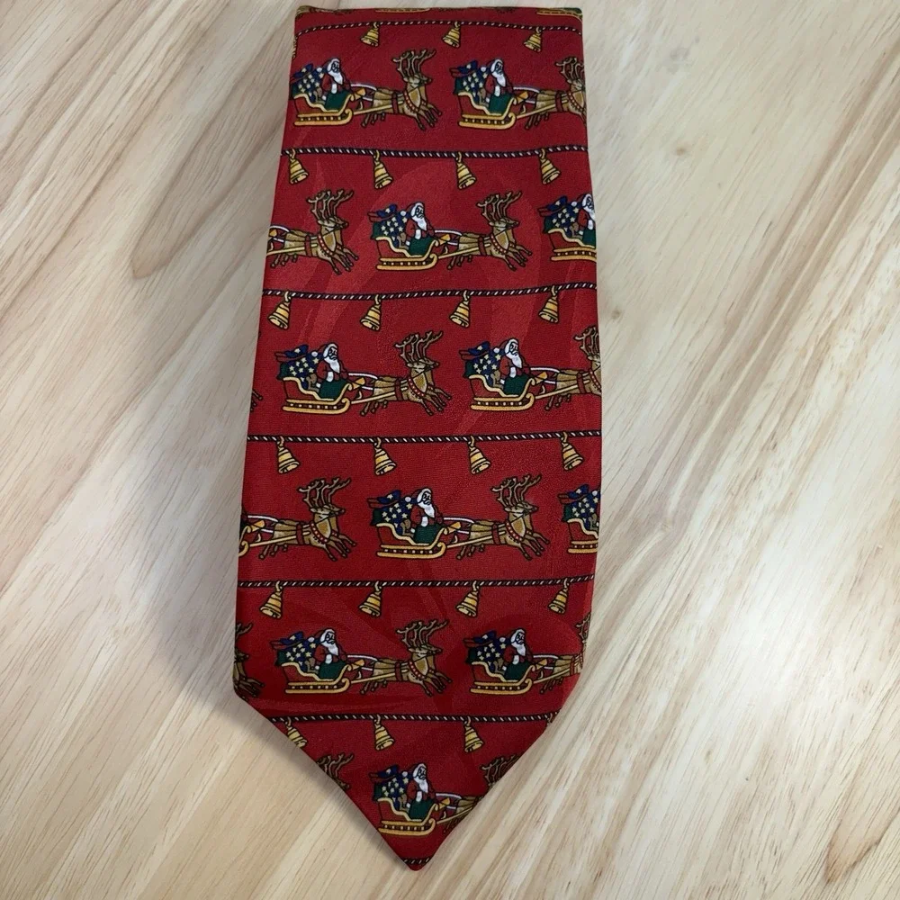 Jingle Bells Santa Sled Reindeer Men's Red Novelty Christmas Neck Tie